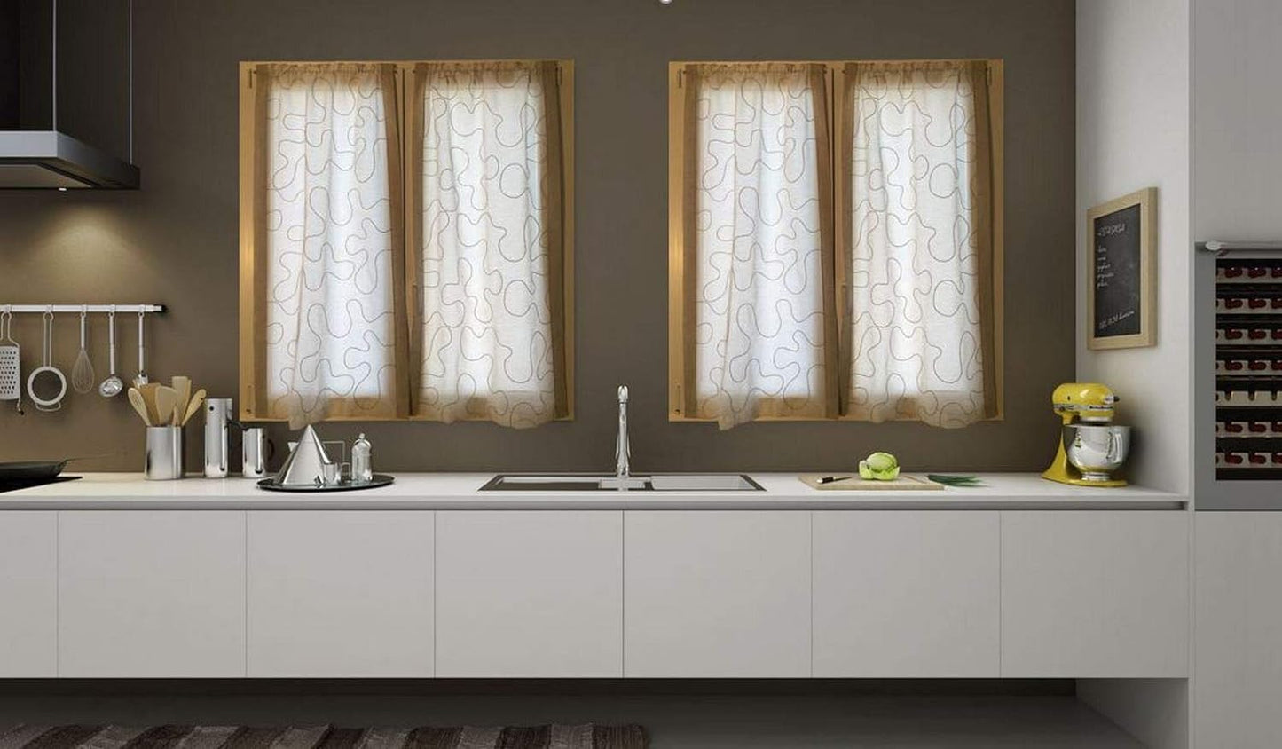 Coppia tendine ricamate-tende per finestra e porta confezionate -tende a vetro-tessuto effetto Lino-bianco/tortora-art.522