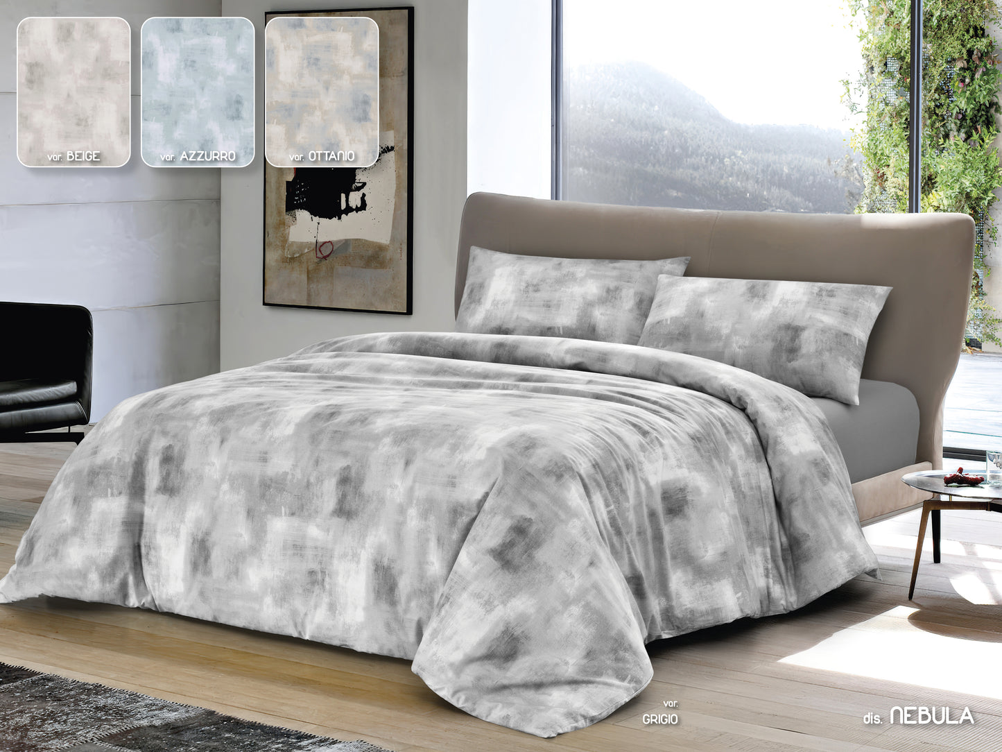 Copripiumino grigio sfumato su letto, set biancheria da letto elegante