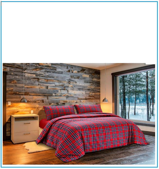 Copripiumino 100% cotone effetto scozzese rosso, posto su letto matrimoniale