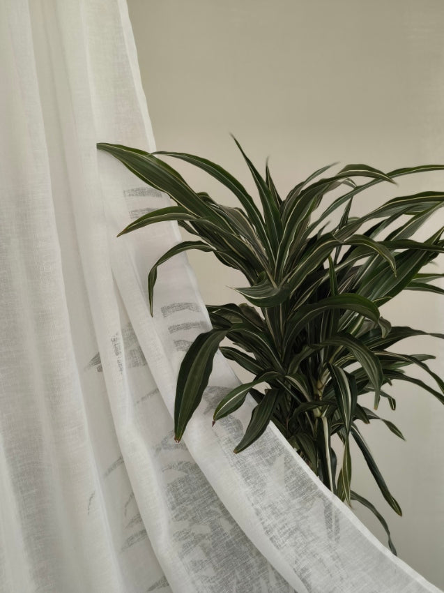 Tessuto bianco effetto lino della tenda che mostra la trasparenza e la luce filtrata