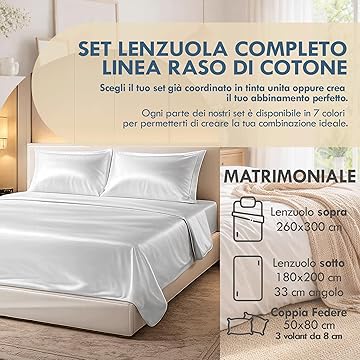Lenzuolo sotto 180x200 cm e lenzuolo sopra 260x300 cm in raso di cotone, completo letto matrimoniale”