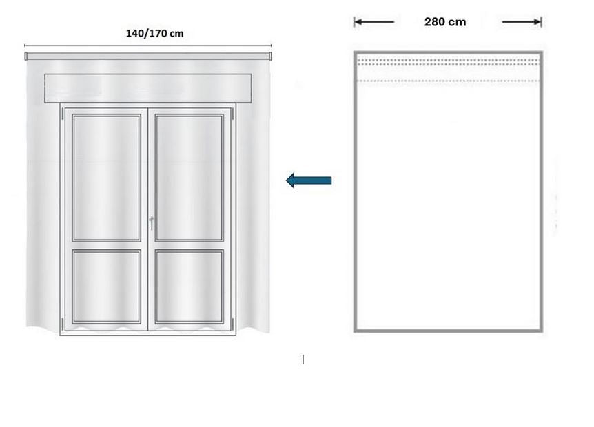 La foto mostra, tramite un disegno, il pannello della tenda disteso largo 280 cm che, una volta arricciato, è adatto a un binario con larghezza compresa tra 140 e 170 cm.