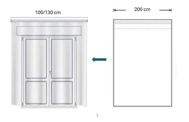 Schema che mostra come il pannello teso da 200 cm, una volta arricciato, si adatti a un binario da 100 a 130 cm
