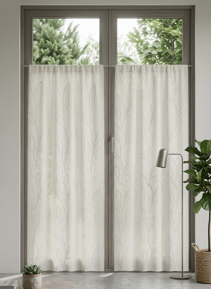Coppia di tende corte installate su una porta finestra, che lasciano filtrare la luce naturale.