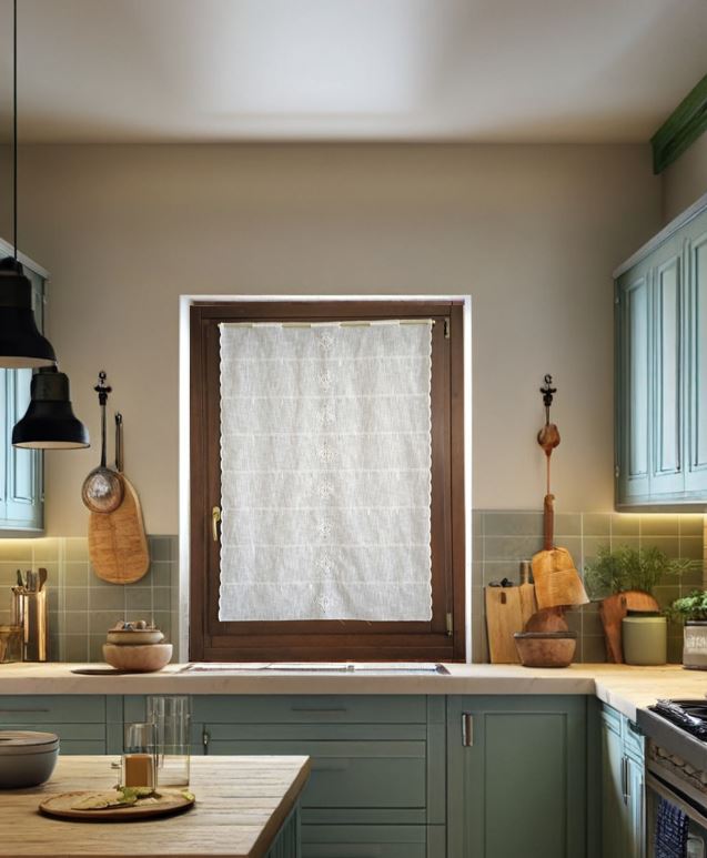 Tenda a vetro ricamata appesa a una finestra in cucina, elegante e luminosa
