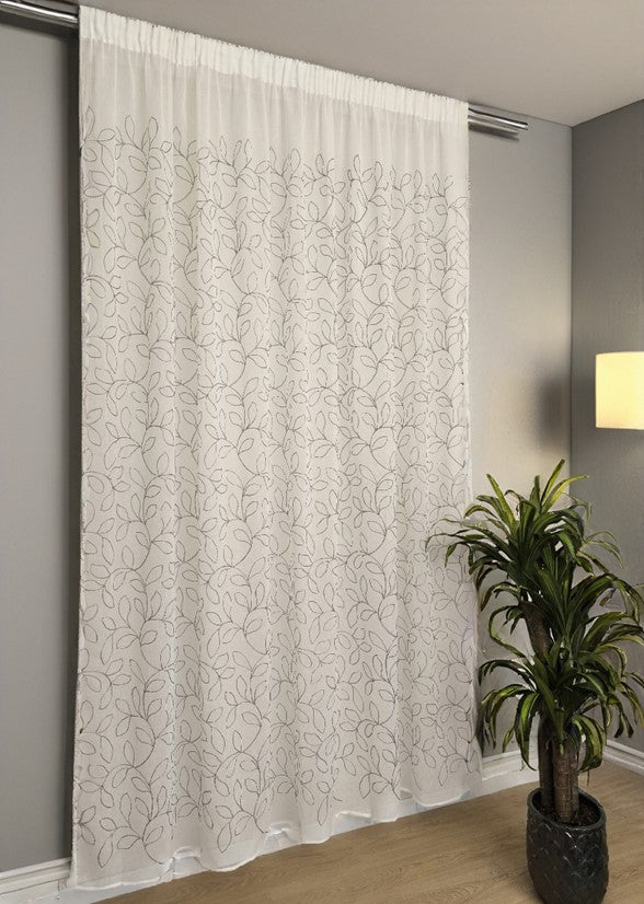 Voilage avec galon fronceur et ruflette - Tissu blanc avec broderie grise, adapté aux rails 140/170 cm, hauteur de 180 à 285 cm – art. Broderie de feuille