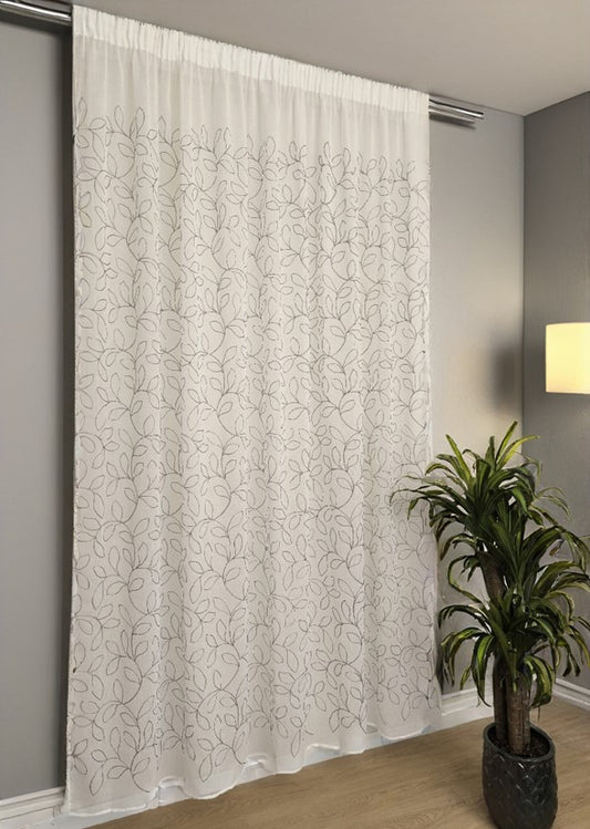 Voilage avec galon fronceur et ruflette - Tissu blanc avec broderie grise, adapté aux rails 140/170 cm, hauteur de 180 à 285 cm – art. Broderie de feuille